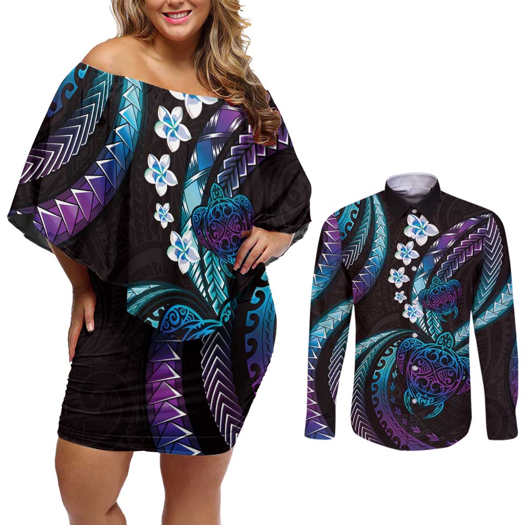 Hawaii Turtles Plumeria Couples Matching Off Shoulder Short Dress and Long Sleeve Button Shirt Amethyst Gradient Polynesian Pattern