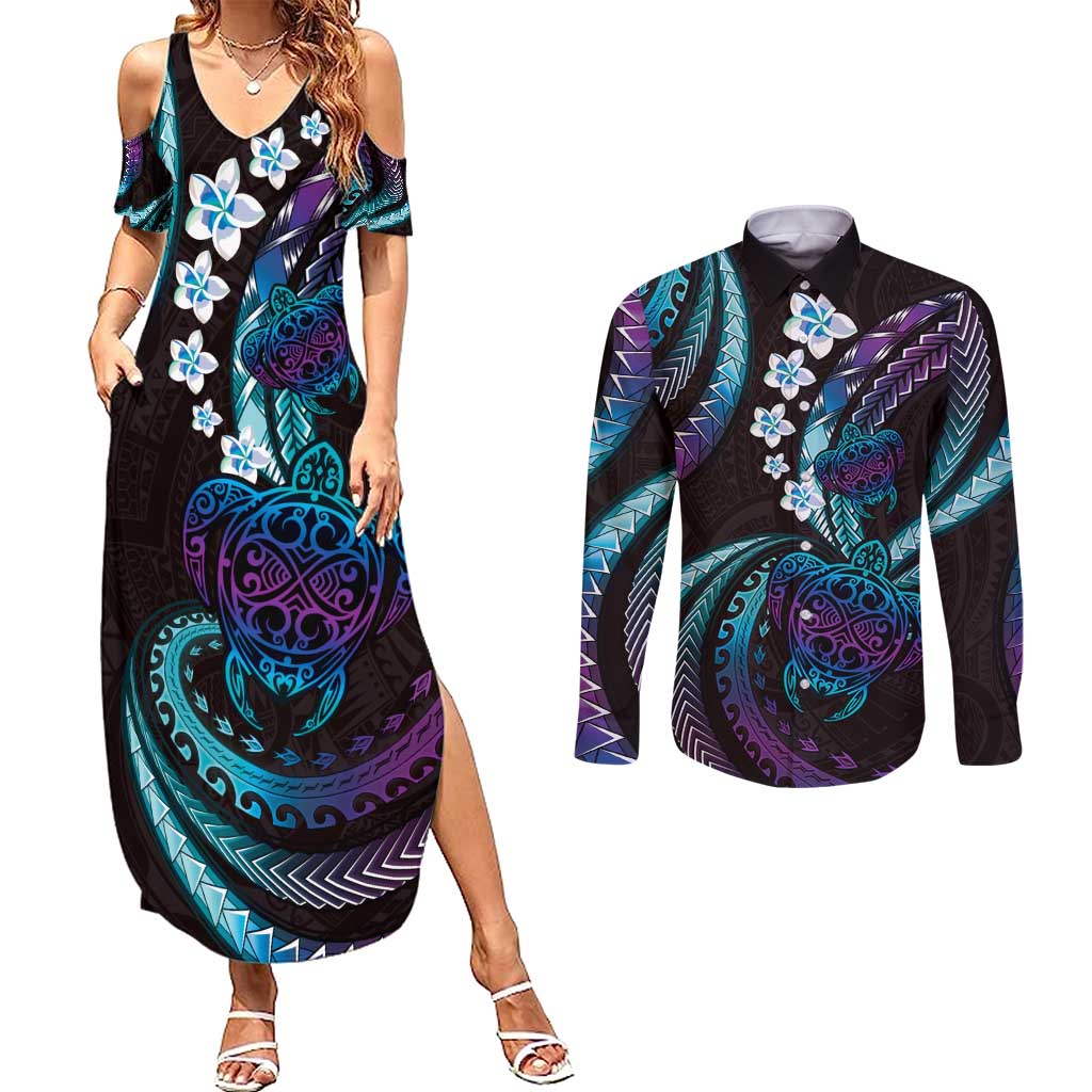 Hawaii Turtles Plumeria Couples Matching Summer Maxi Dress and Long Sleeve Button Shirt Amethyst Gradient Polynesian Pattern