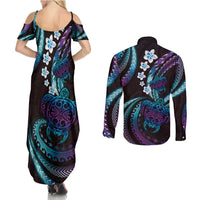 Hawaii Turtles Plumeria Couples Matching Summer Maxi Dress and Long Sleeve Button Shirt Amethyst Gradient Polynesian Pattern