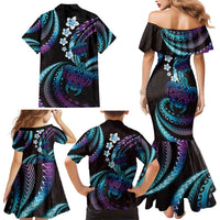 Hawaii Turtles Plumeria Family Matching Mermaid Dress and Hawaiian Shirt Amethyst Gradient Polynesian Pattern