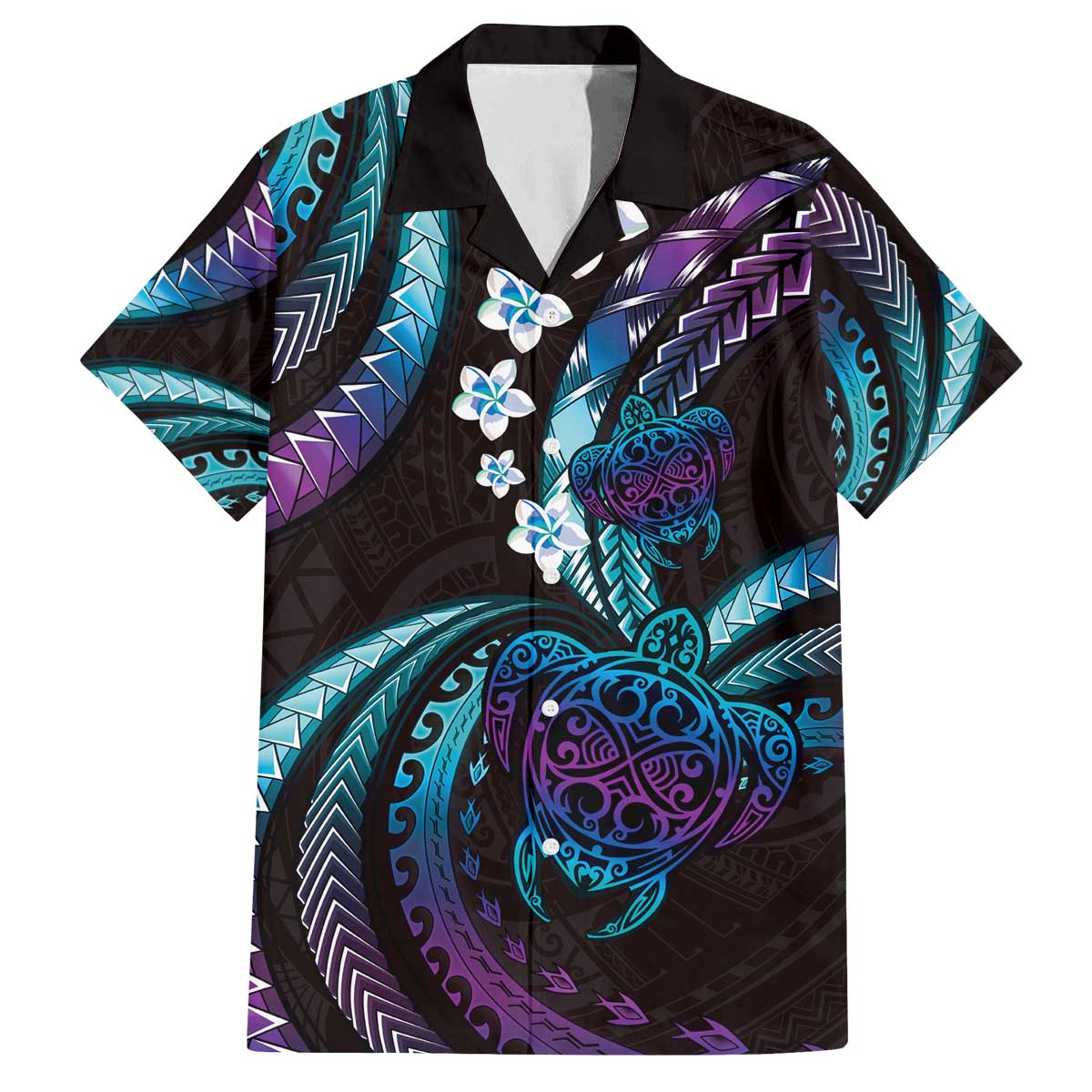 Hawaii Turtles Plumeria Family Matching Off The Shoulder Long Sleeve Dress and Hawaiian Shirt Amethyst Gradient Polynesian Pattern