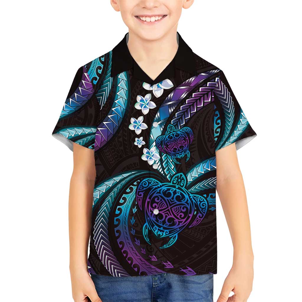 Hawaii Turtles Plumeria Family Matching Off Shoulder Maxi Dress and Hawaiian Shirt Amethyst Gradient Polynesian Pattern