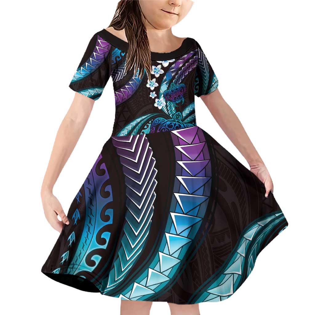 Hawaii Turtles Plumeria Family Matching Off Shoulder Short Dress and Hawaiian Shirt Amethyst Gradient Polynesian Pattern LT01 Daughter's Dress Purple - Polynesian Pride