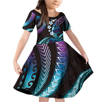 Hawaii Turtles Plumeria Family Matching Off Shoulder Short Dress and Hawaiian Shirt Amethyst Gradient Polynesian Pattern LT01 Daughter's Dress Purple - Polynesian Pride