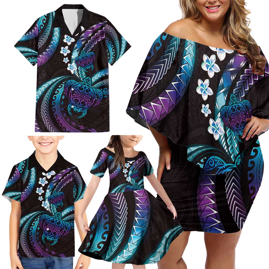Hawaii Turtles Plumeria Family Matching Off Shoulder Short Dress and Hawaiian Shirt Amethyst Gradient Polynesian Pattern LT01 - Polynesian Pride