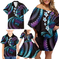 Hawaii Turtles Plumeria Family Matching Off Shoulder Short Dress and Hawaiian Shirt Amethyst Gradient Polynesian Pattern LT01 - Polynesian Pride