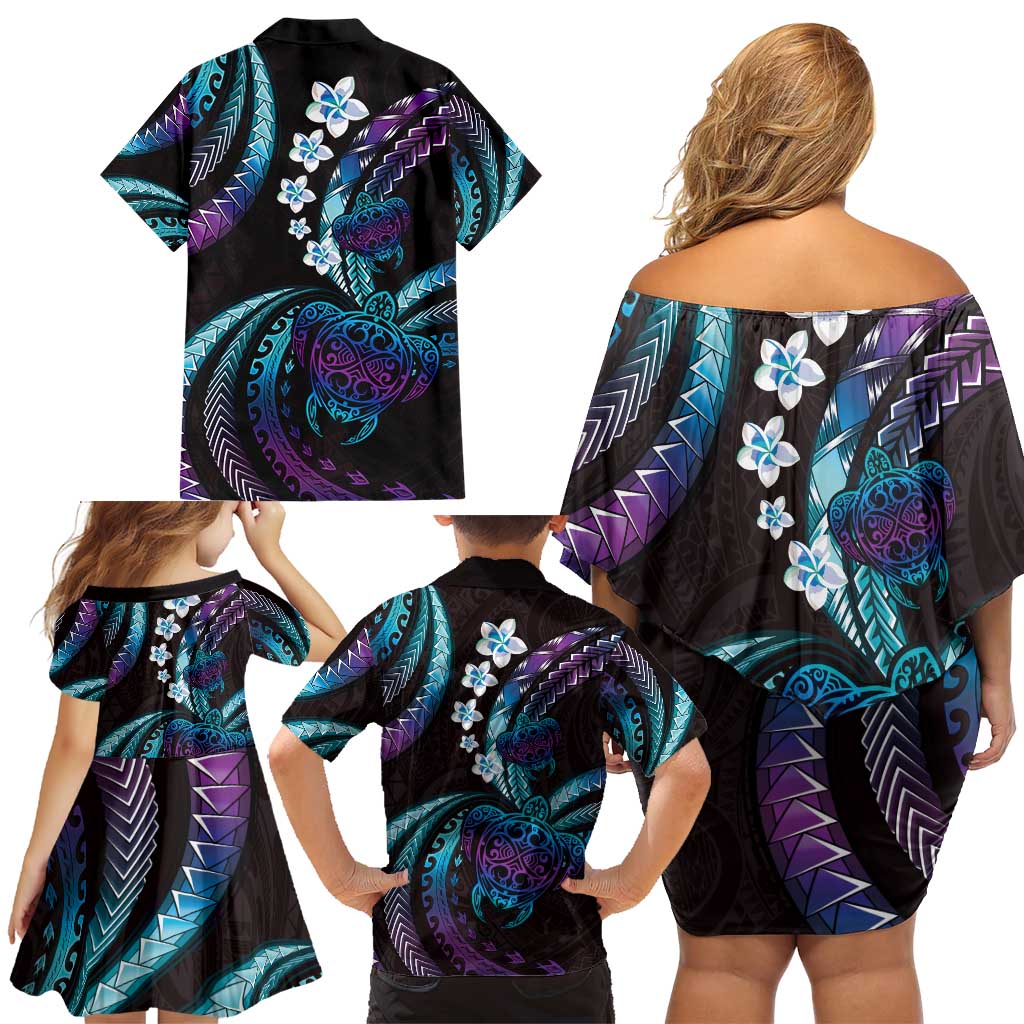 Hawaii Turtles Plumeria Family Matching Off Shoulder Short Dress and Hawaiian Shirt Amethyst Gradient Polynesian Pattern LT01 - Polynesian Pride