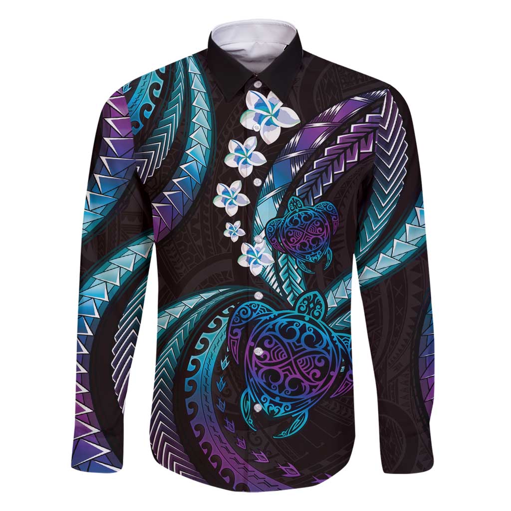Hawaii Turtles Plumeria Family Matching Off Shoulder Short Dress and Hawaiian Shirt Amethyst Gradient Polynesian Pattern LT01 Dad's Shirt - Long Sleeve Purple - Polynesian Pride