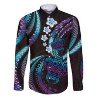Hawaii Turtles Plumeria Family Matching Off Shoulder Short Dress and Hawaiian Shirt Amethyst Gradient Polynesian Pattern LT01 Dad's Shirt - Long Sleeve Purple - Polynesian Pride
