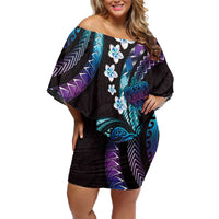Hawaii Turtles Plumeria Family Matching Off Shoulder Short Dress and Hawaiian Shirt Amethyst Gradient Polynesian Pattern LT01 Mom's Dress Purple - Polynesian Pride