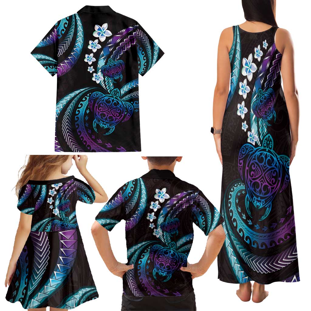 Hawaii Turtles Plumeria Family Matching Tank Maxi Dress and Hawaiian Shirt Amethyst Gradient Polynesian Pattern