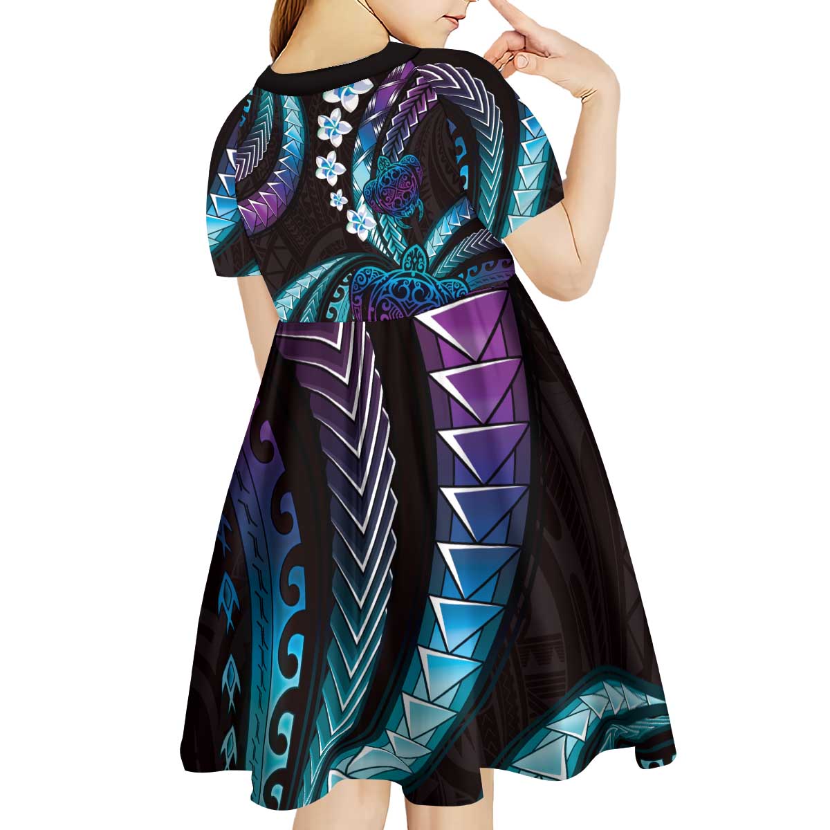 Hawaii Turtles Plumeria Kid Short Sleeve Dress Amethyst Gradient Polynesian Pattern