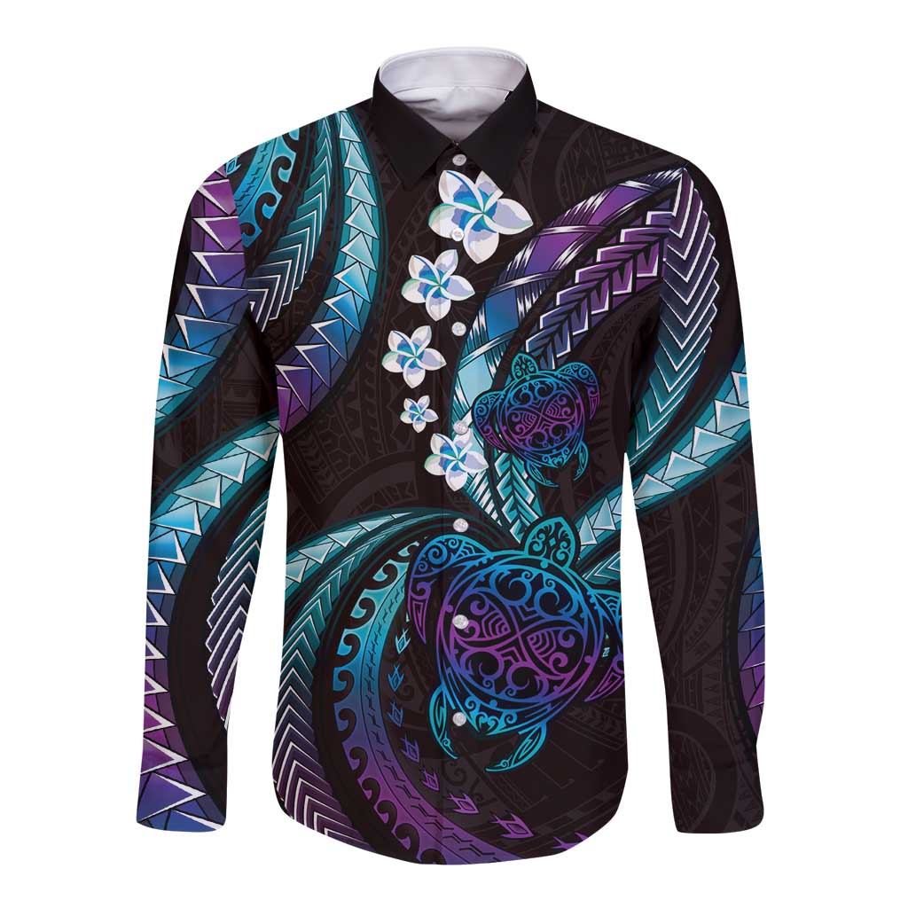 Hawaii Turtles Plumeria Long Sleeve Button Shirt Amethyst Gradient Polynesian Pattern