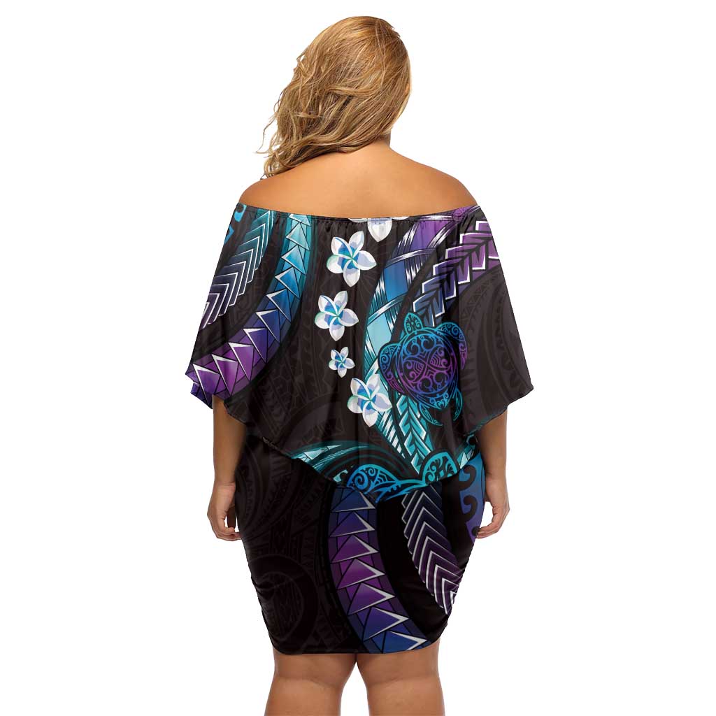 Hawaii Turtles Plumeria Off Shoulder Short Dress Amethyst Gradient Polynesian Pattern