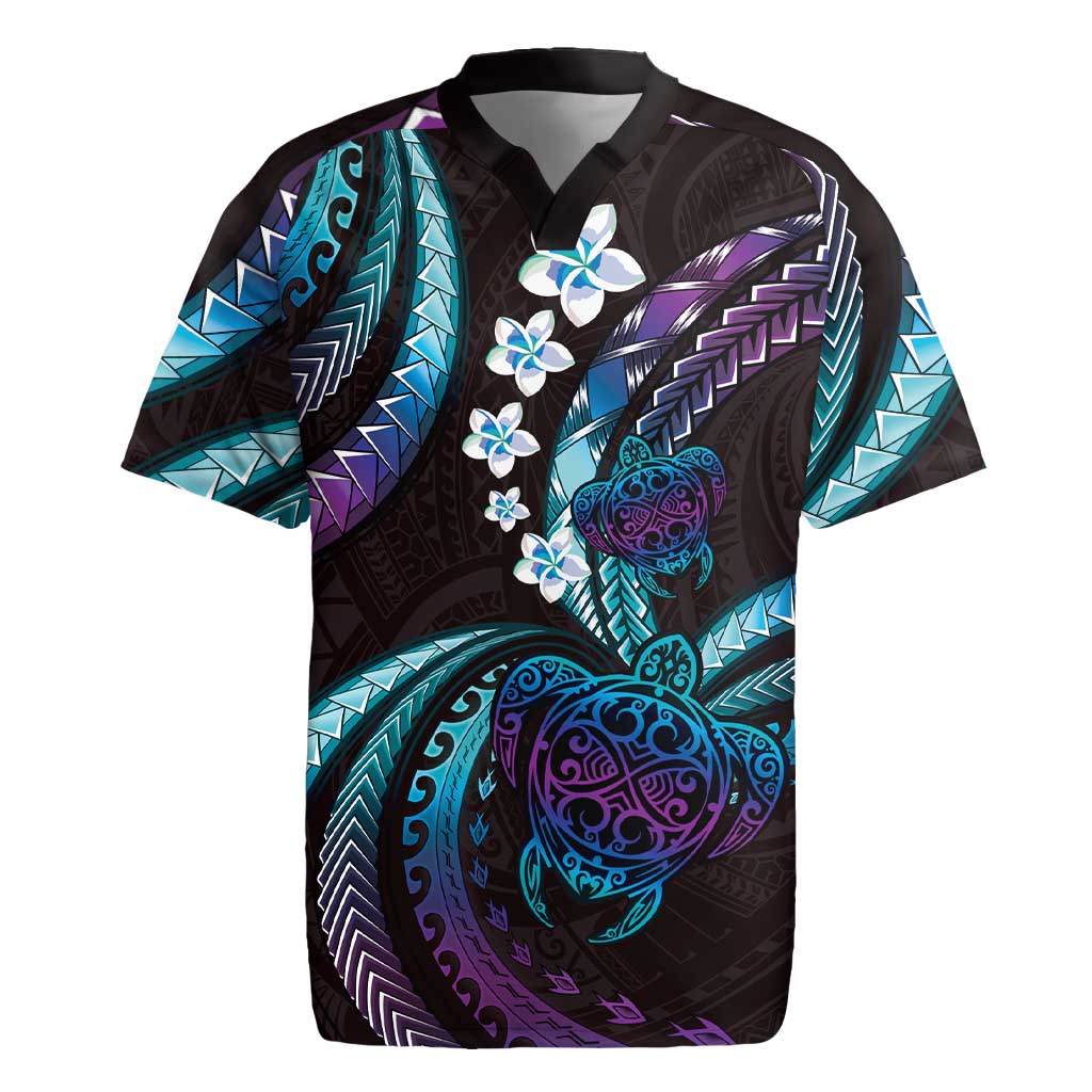Hawaii Turtles Plumeria Rugby Jersey Amethyst Gradient Polynesian Pattern