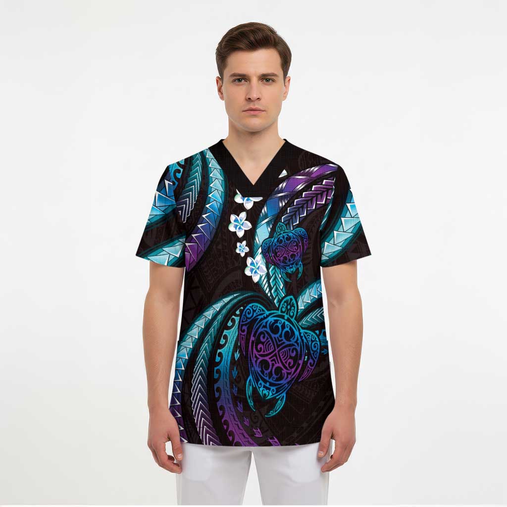 Hawaii Turtles Plumeria Scrub Top Amethyst Gradient Polynesian Pattern - Polynesian Pride