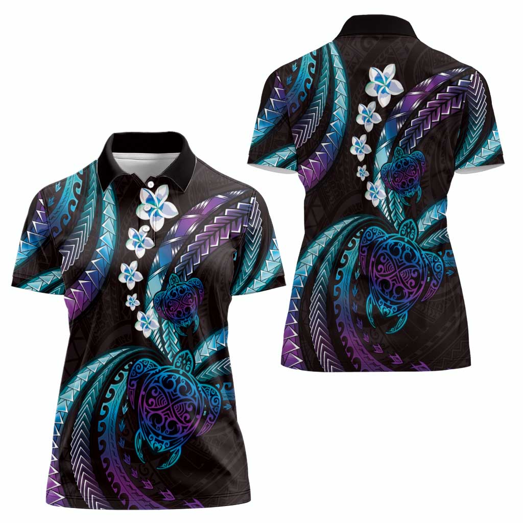 Hawaii Turtles Plumeria Women Polo Shirt Amethyst Gradient Polynesian Pattern