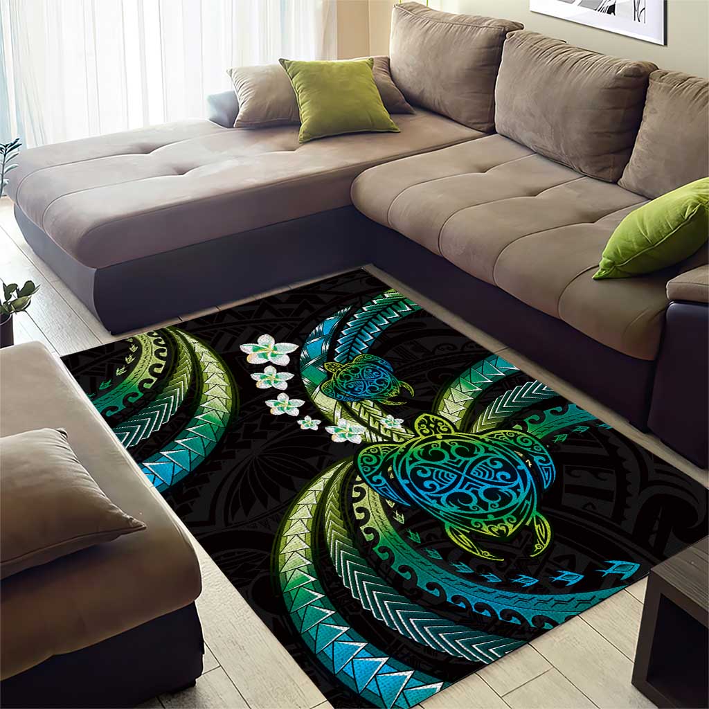 Hawaii Turtles Plumeria Area Rug Chartreuse Cyan Polynesian Pattern