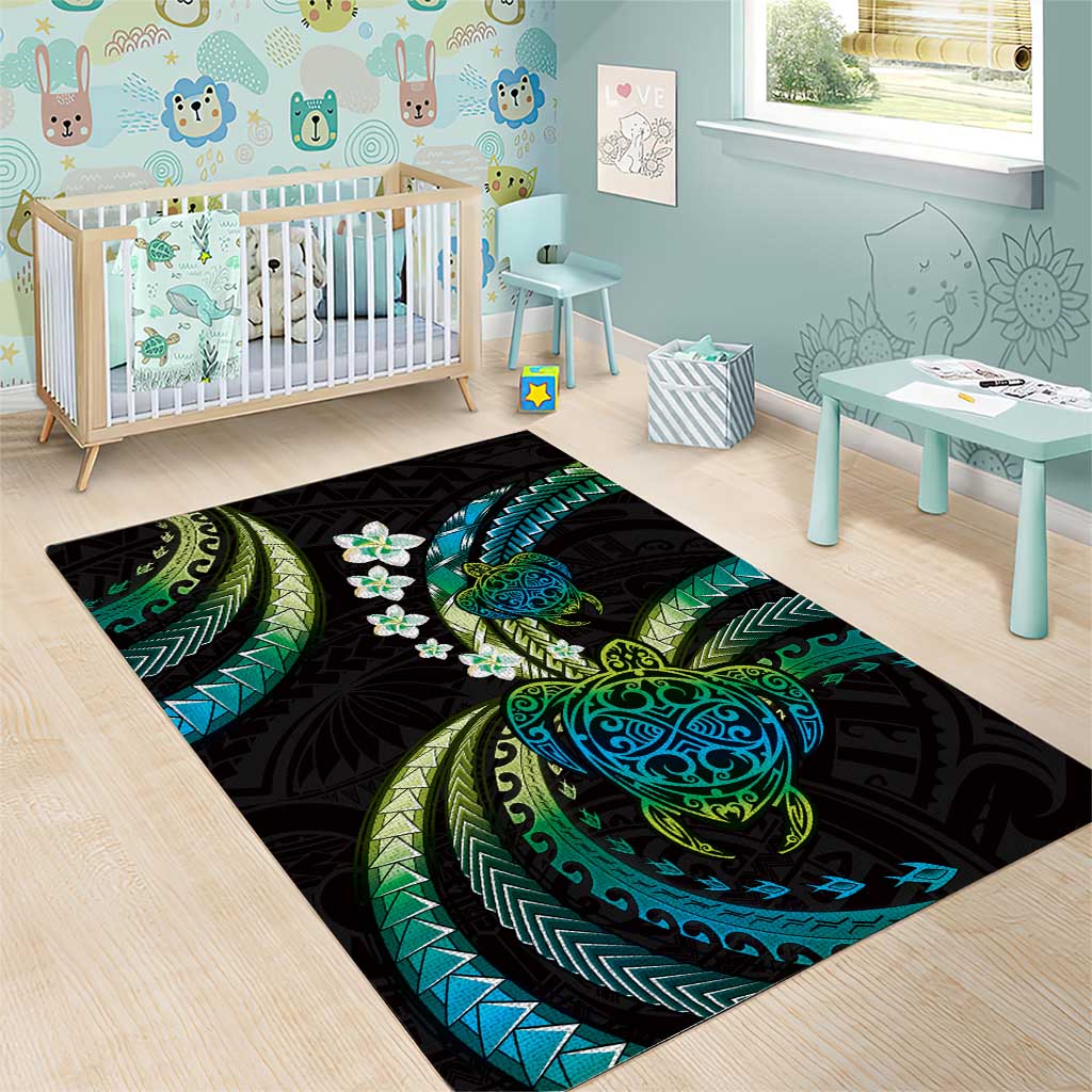 Hawaii Turtles Plumeria Area Rug Chartreuse Cyan Polynesian Pattern