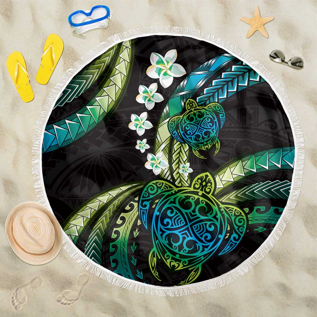 Hawaii Turtles Plumeria Beach Blanket Chartreuse Cyan Polynesian Pattern