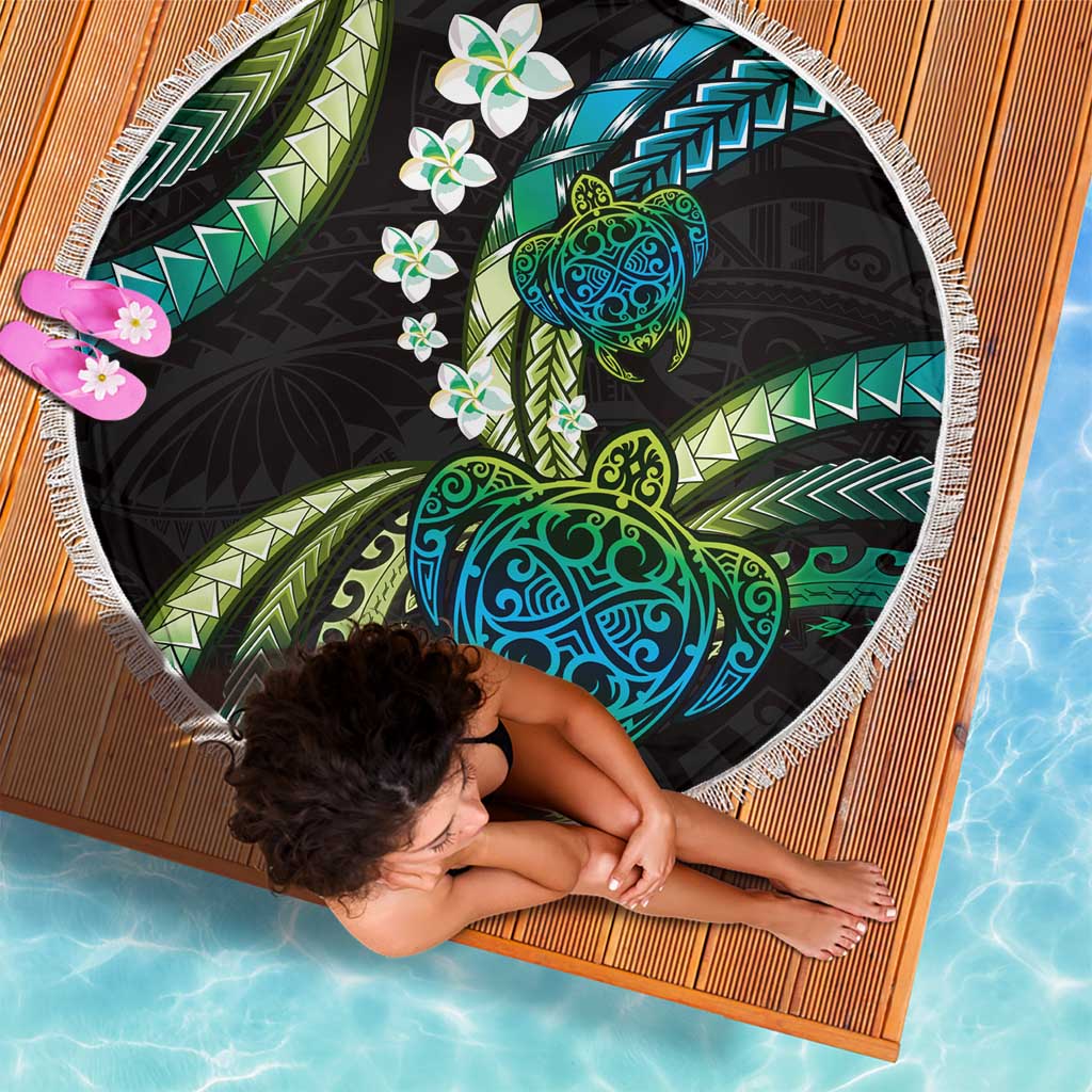 Hawaii Turtles Plumeria Beach Blanket Chartreuse Cyan Polynesian Pattern