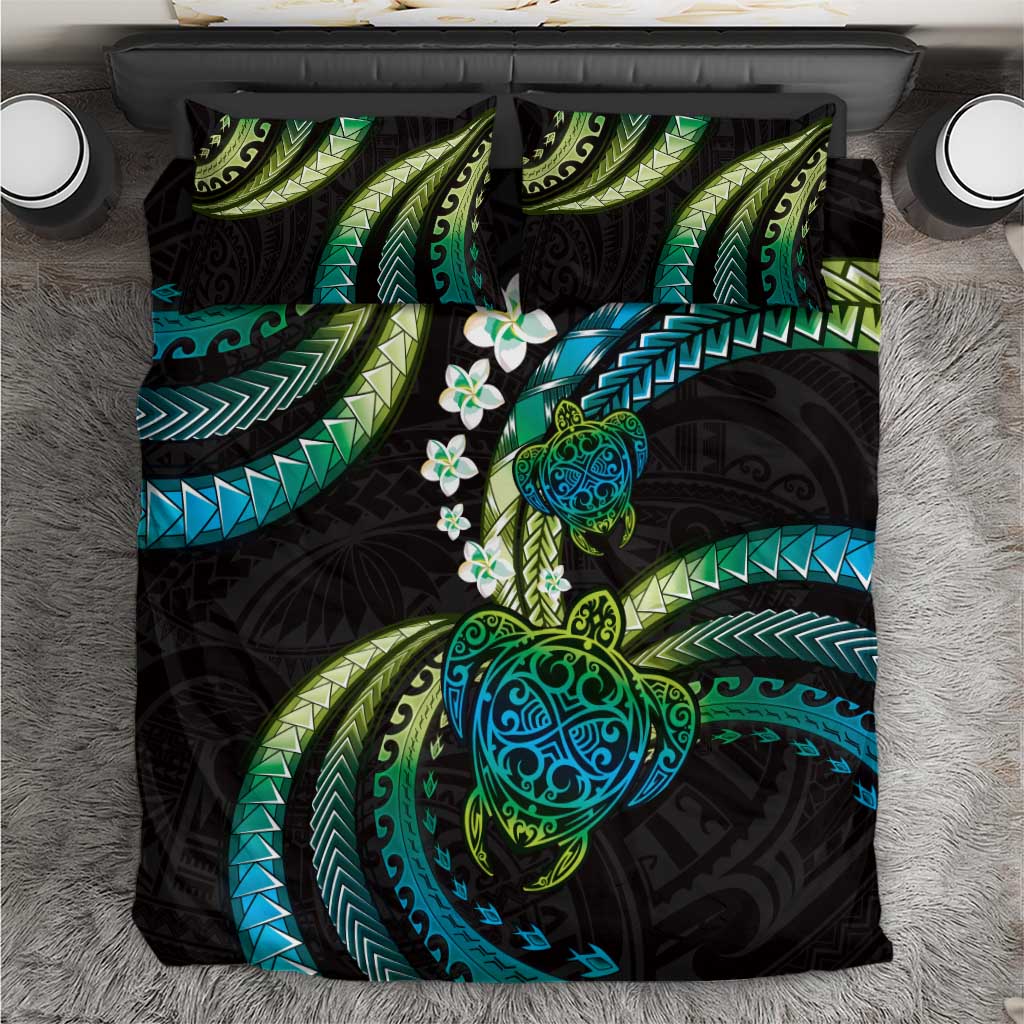 Hawaii Turtles Plumeria Bedding Set Chartreuse Cyan Polynesian Pattern