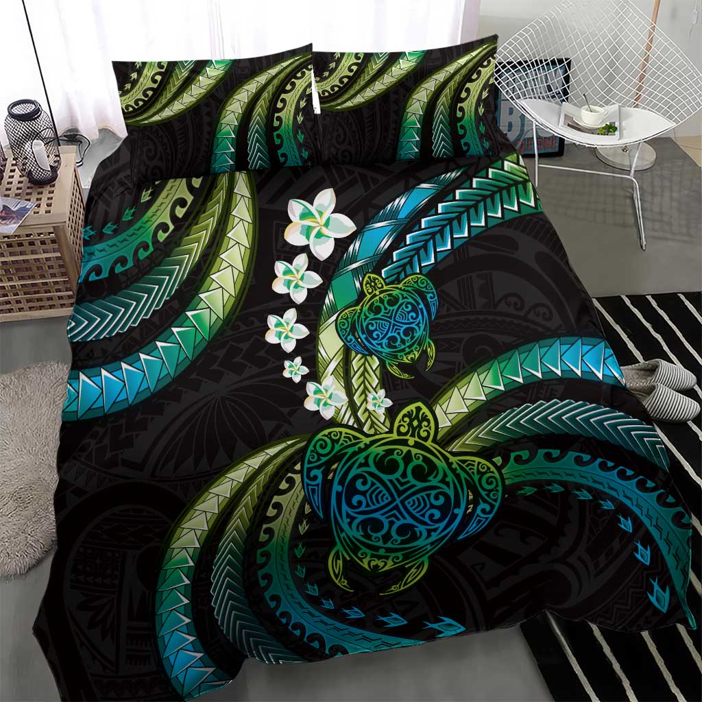 Hawaii Turtles Plumeria Bedding Set Chartreuse Cyan Polynesian Pattern