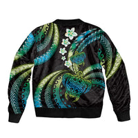 Hawaii Turtles Plumeria Bomber Jacket Chartreuse Cyan Polynesian Pattern