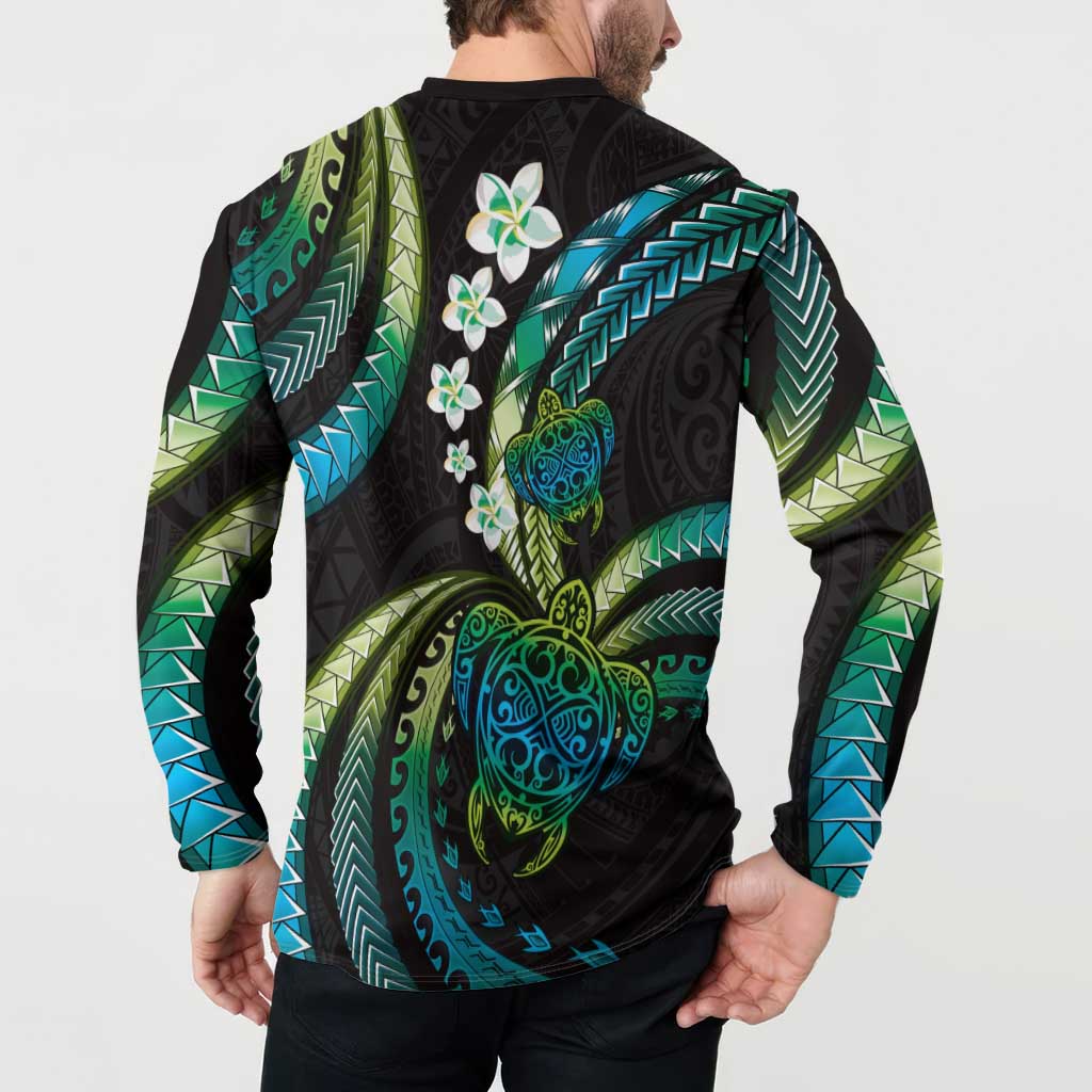 Hawaii Turtles Plumeria Button Sweatshirt Chartreuse Cyan Polynesian Pattern