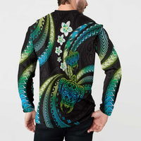 Hawaii Turtles Plumeria Button Sweatshirt Chartreuse Cyan Polynesian Pattern