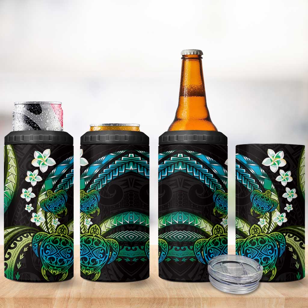 Hawaii Turtles Plumeria 4 in 1 Can Cooler Tumbler Chartreuse Cyan Polynesian Pattern