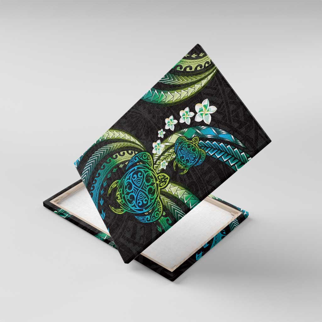 Hawaii Turtles Plumeria Canvas Wall Art Chartreuse Cyan Polynesian Pattern