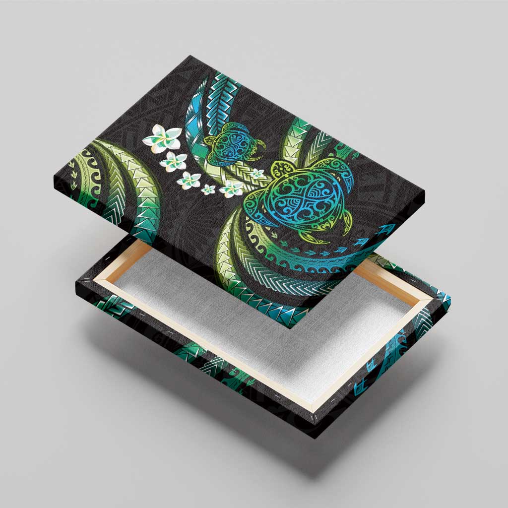 Hawaii Turtles Plumeria Canvas Wall Art Chartreuse Cyan Polynesian Pattern