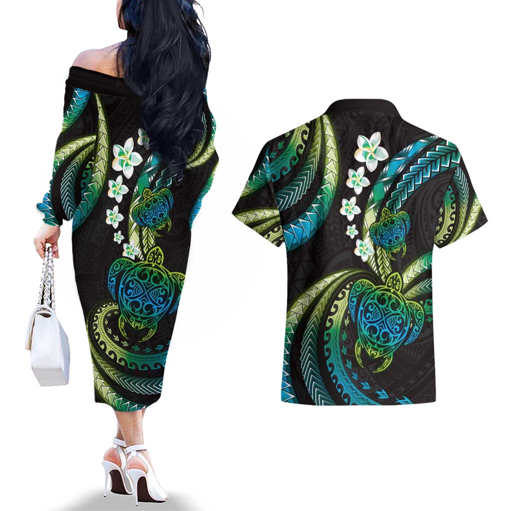 Hawaii Turtles Plumeria Couples Matching Off The Shoulder Long Sleeve Dress and Hawaiian Shirt Chartreuse Cyan Polynesian Pattern