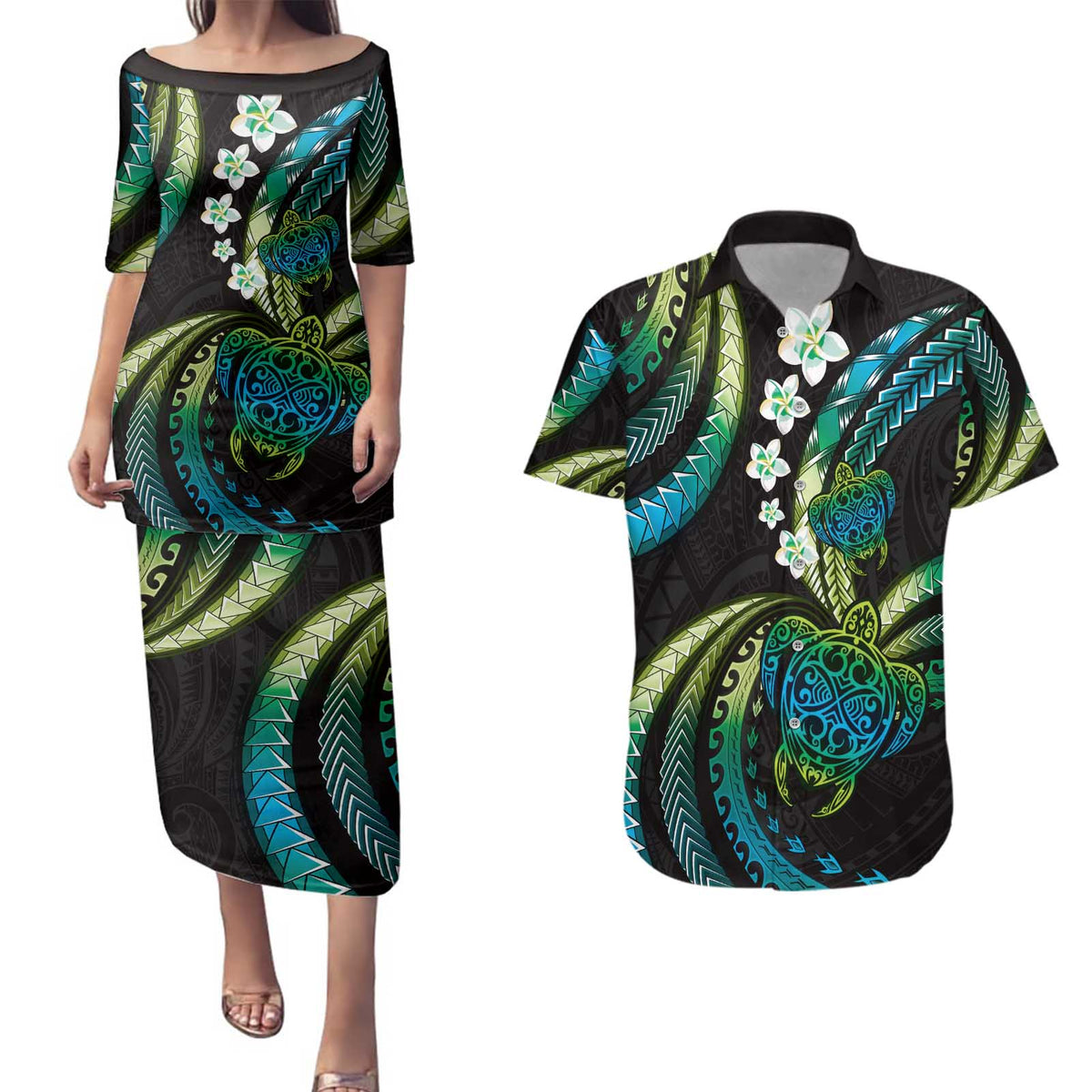 Hawaii Turtles Plumeria Couples Matching Puletasi and Hawaiian Shirt Chartreuse Cyan Polynesian Pattern