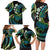 Hawaii Turtles Plumeria Family Matching Long Sleeve Bodycon Dress and Hawaiian Shirt Chartreuse Cyan Polynesian Pattern