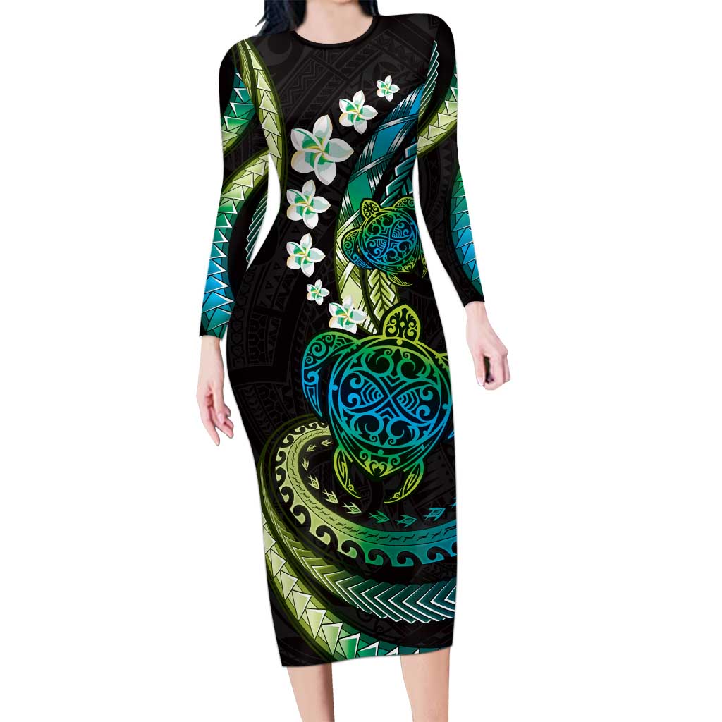 Hawaii Turtles Plumeria Family Matching Long Sleeve Bodycon Dress and Hawaiian Shirt Chartreuse Cyan Polynesian Pattern