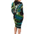 Hawaii Turtles Plumeria Family Matching Long Sleeve Bodycon Dress and Hawaiian Shirt Chartreuse Cyan Polynesian Pattern
