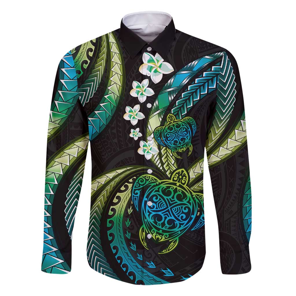 Hawaii Turtles Plumeria Family Matching Off Shoulder Maxi Dress and Hawaiian Shirt Chartreuse Cyan Polynesian Pattern