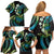 Hawaii Turtles Plumeria Family Matching Off Shoulder Short Dress and Hawaiian Shirt Chartreuse Cyan Polynesian Pattern
