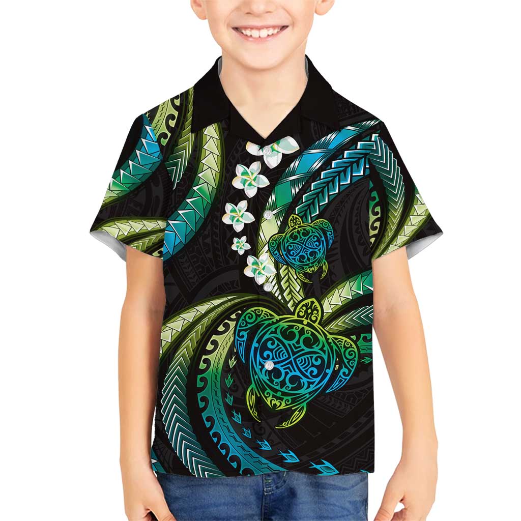 Hawaii Turtles Plumeria Family Matching Off Shoulder Short Dress and Hawaiian Shirt Chartreuse Cyan Polynesian Pattern