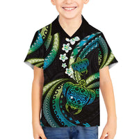 Hawaii Turtles Plumeria Family Matching Off Shoulder Short Dress and Hawaiian Shirt Chartreuse Cyan Polynesian Pattern