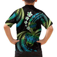 Hawaii Turtles Plumeria Family Matching Puletasi and Hawaiian Shirt Chartreuse Cyan Polynesian Pattern
