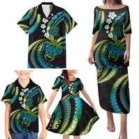 Hawaii Turtles Plumeria Family Matching Puletasi and Hawaiian Shirt Chartreuse Cyan Polynesian Pattern