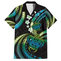 Hawaii Turtles Plumeria Family Matching Puletasi and Hawaiian Shirt Chartreuse Cyan Polynesian Pattern