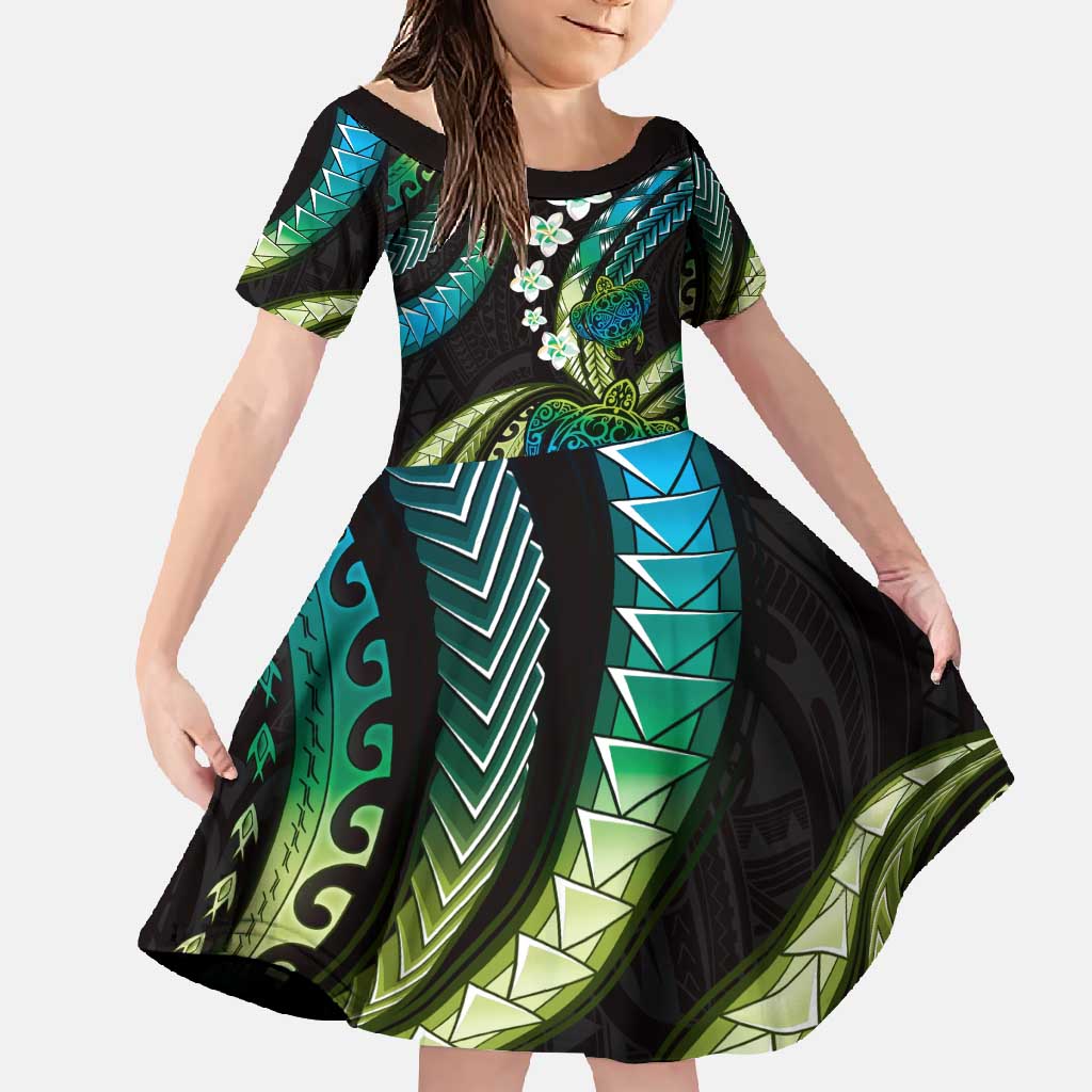 Hawaii Turtles Plumeria Family Matching Short Sleeve Bodycon Dress and Hawaiian Shirt Chartreuse Cyan Polynesian Pattern