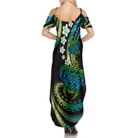Hawaii Turtles Plumeria Family Matching Summer Maxi Dress and Hawaiian Shirt Chartreuse Cyan Polynesian Pattern