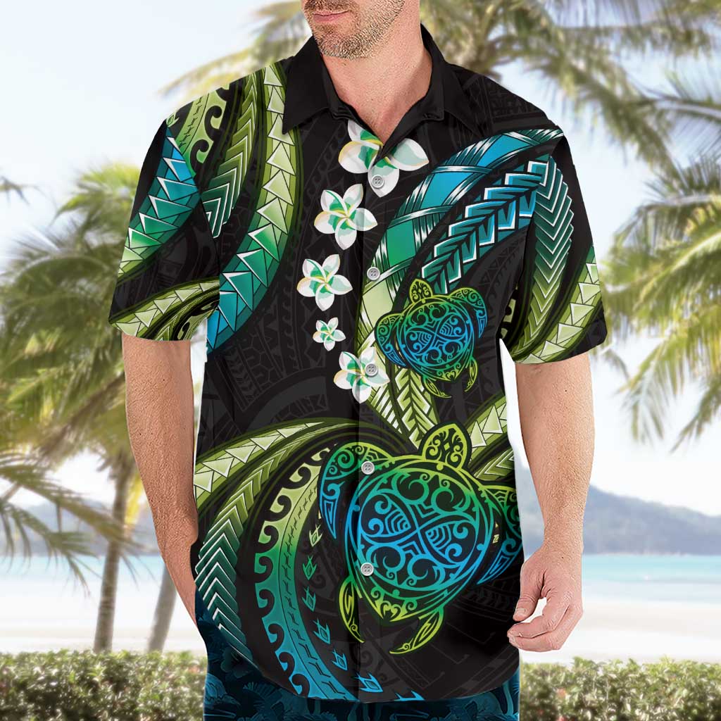 Hawaii Turtles Plumeria Hawaiian Shirt Chartreuse Cyan Polynesian Pattern