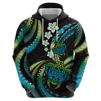 Hawaii Turtles Plumeria Hoodie Chartreuse Cyan Polynesian Pattern