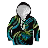Hawaii Turtles Plumeria Kid Hoodie Chartreuse Cyan Polynesian Pattern